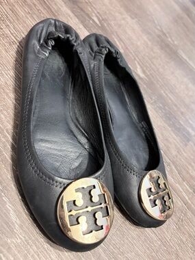 Tory Burch Black Leather Ballet Flats with Gold Logo Emblem